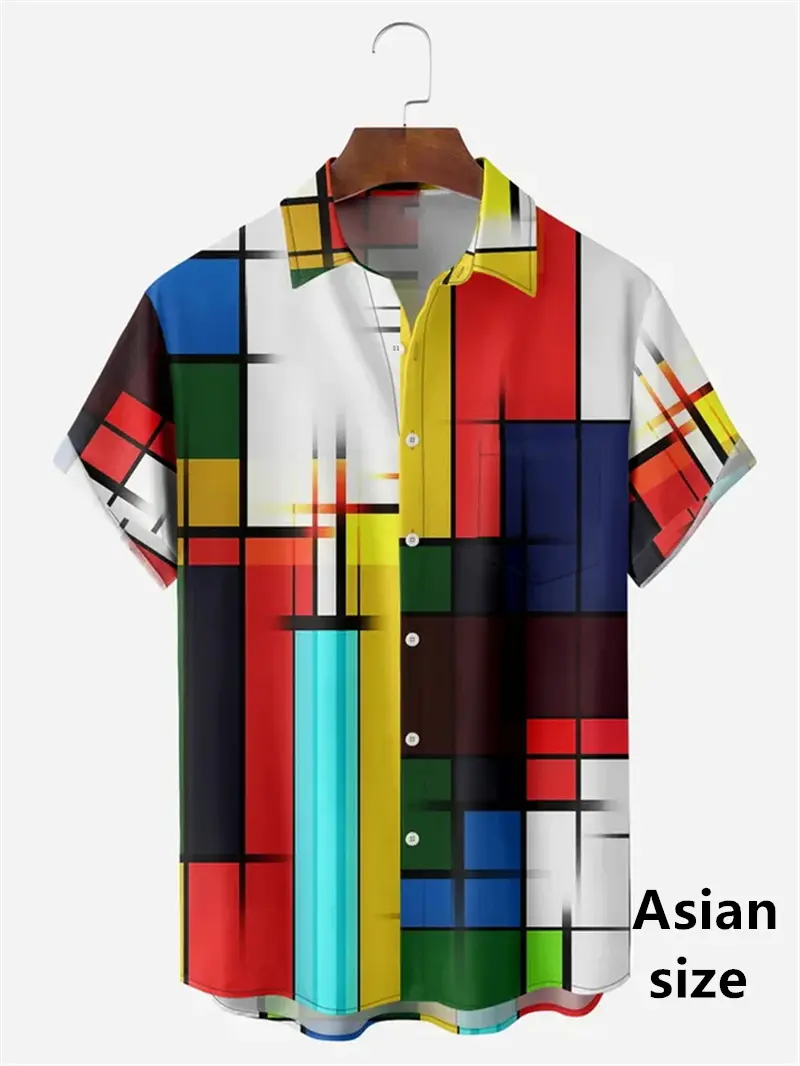 Men Shirts 3d Geometric Art Colorful Abstract Oil Painting Printed Men's Short Sleeve Shirts Fashion Unisex Hawaiian Button Top