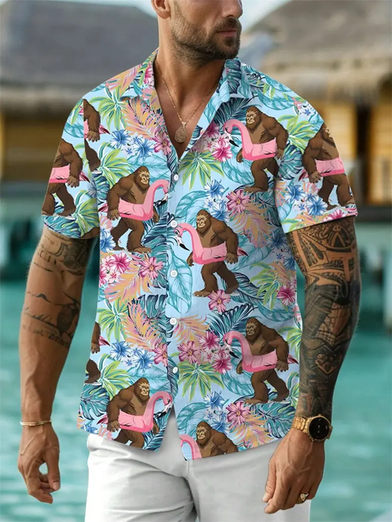 Classic 3D Flamingo Graphic Shirts Men Funny Animal Print Short Sleeve Tops Vacation Hawaiian Beach Shirt Women Harajuku Blouse