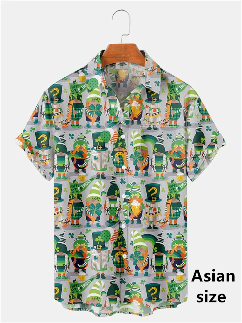 2025 St. Patricks Day Shirt For Men 3D Print Green Lucky Pattern Button Beach Shirts Unisex Short Sleeve Casual Shirts Clothes