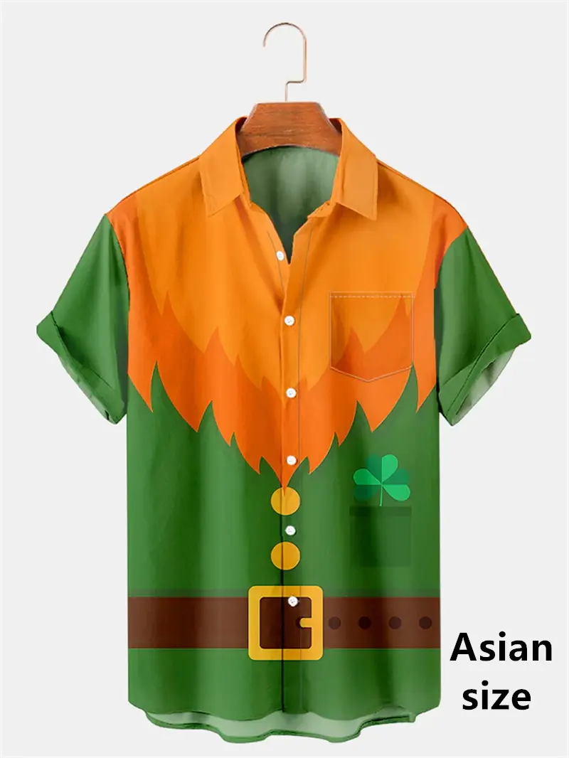 2025 St. Patricks Day Shirt For Men 3D Print Green Lucky Pattern Button Beach Shirts Unisex Short Sleeve Casual Shirts Clothes