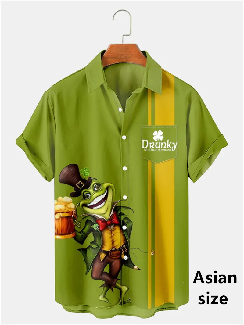 2025 St. Patricks Day Shirt For Men 3D Print Green Lucky Pattern Button Beach Shirts Unisex Short Sleeve Casual Shirts Clothes