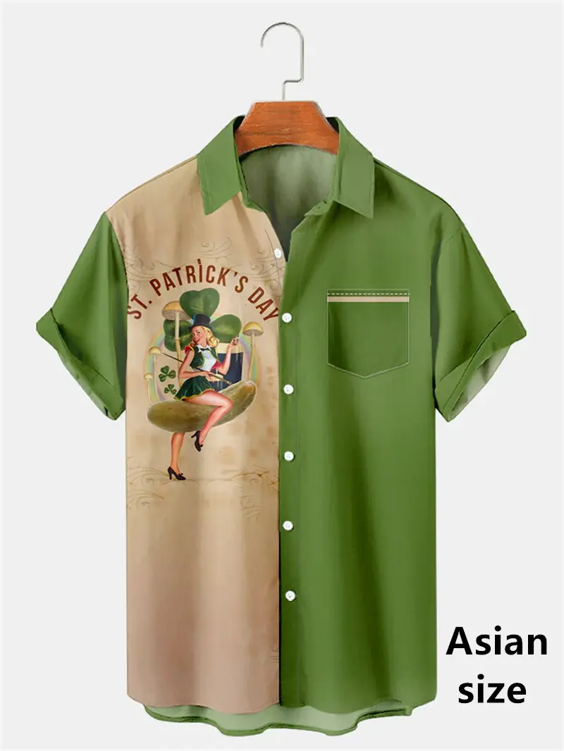 2025 St. Patricks Day Shirt For Men 3D Print Green Lucky Pattern Button Beach Shirts Unisex Short Sleeve Casual Shirts Clothes