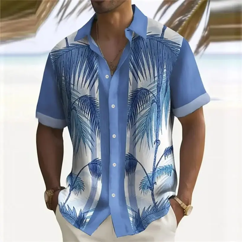Retro Coconut Tree Print Hawaii Shirts Mens Women Casual Harajuku Blouse Tops Summer Tropical Plant Graphic Vacation Beach Shirt