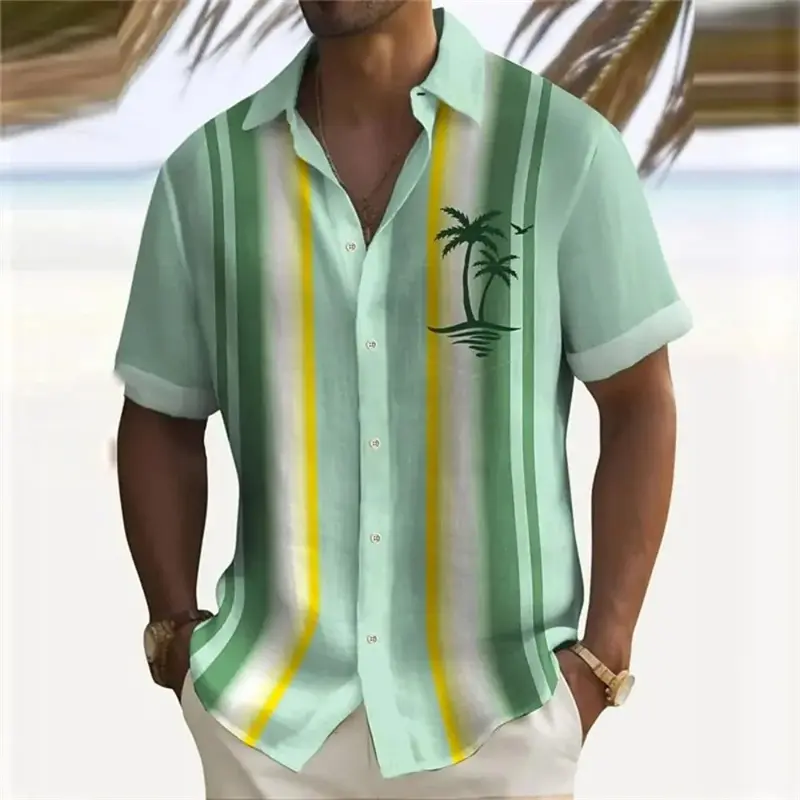 Retro Coconut Tree Print Hawaii Shirts Mens Women Casual Harajuku Blouse Tops Summer Tropical Plant Graphic Vacation Beach Shirt