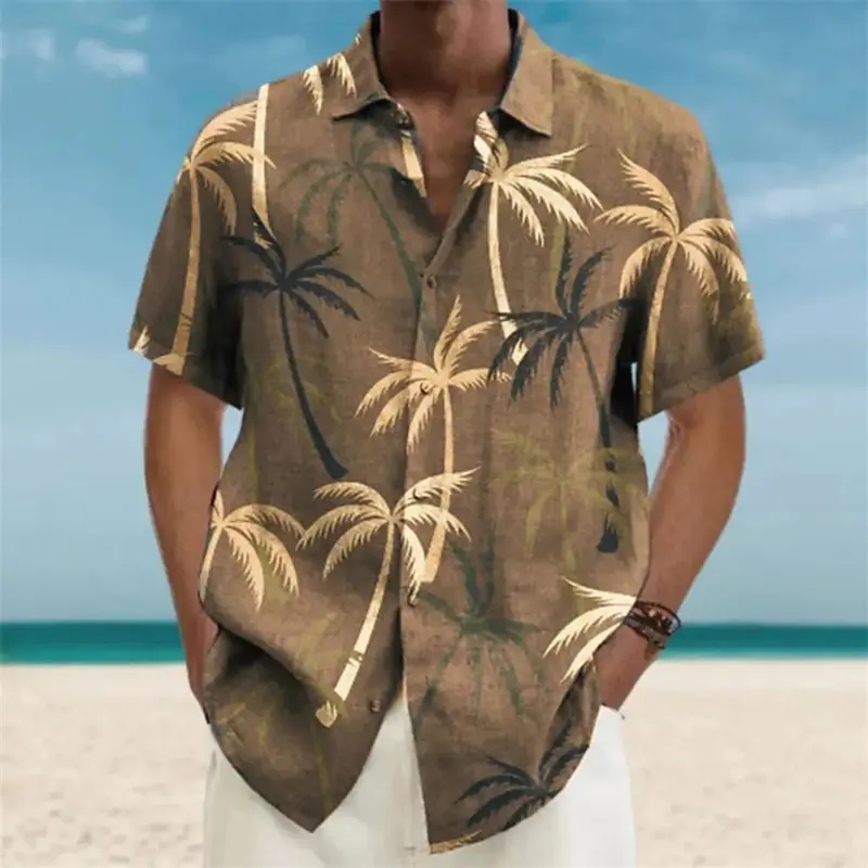 Retro Coconut Tree Print Hawaii Shirts Mens Women Casual Harajuku Blouse Tops Summer Tropical Plant Graphic Vacation Beach Shirt