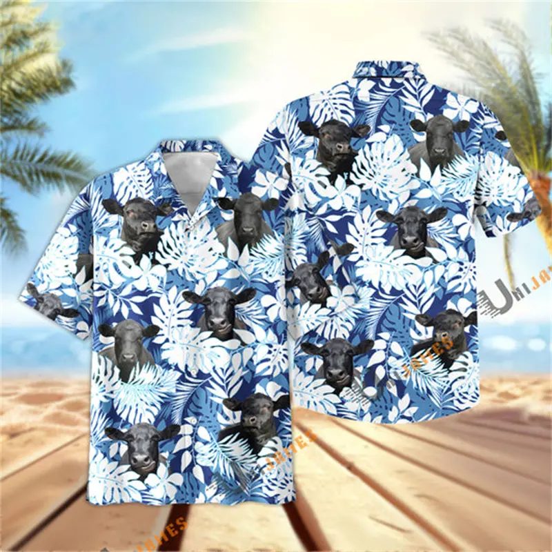 Farm Animals Flower Cow 3D Graphic Shirts Y2k Men Hawaii Beach Shirts  Button Lapel Tops High Quality Ropa Hombre Tendencia 2024