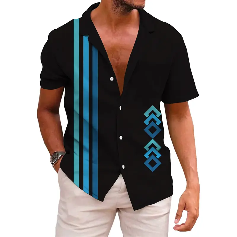 Hawaiian Shirt Men's 3d Print Shirts Harajuku Stripe Print Loose Fashion Casual Short Sleeve Button Beach Summer Men Clothing