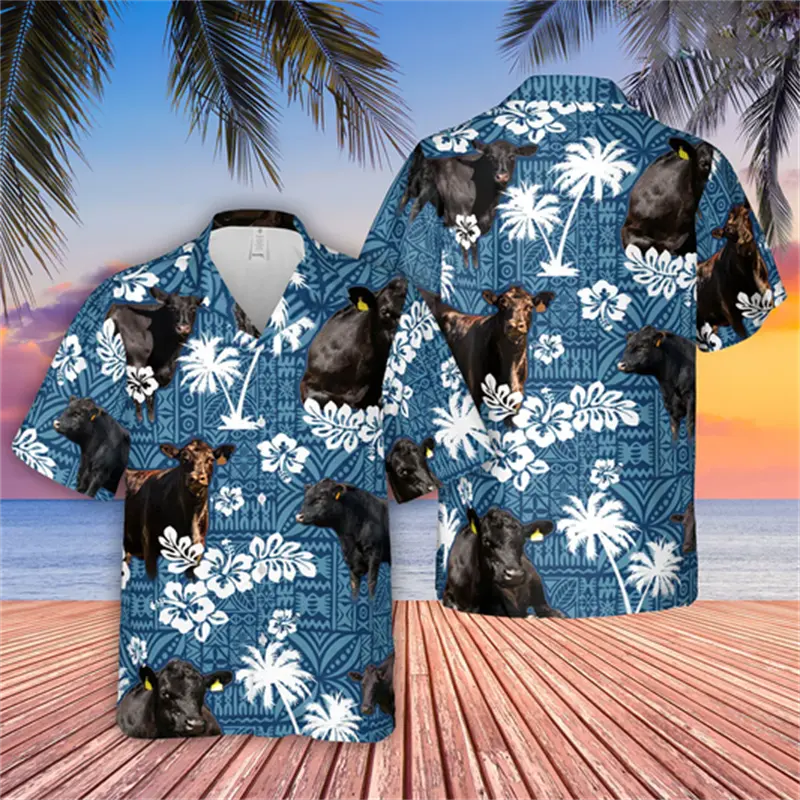Farm Animals Flower Cow 3D Graphic Shirts Y2k Men Hawaii Beach Shirts  Button Lapel Tops High Quality Ropa Hombre Tendencia 2024