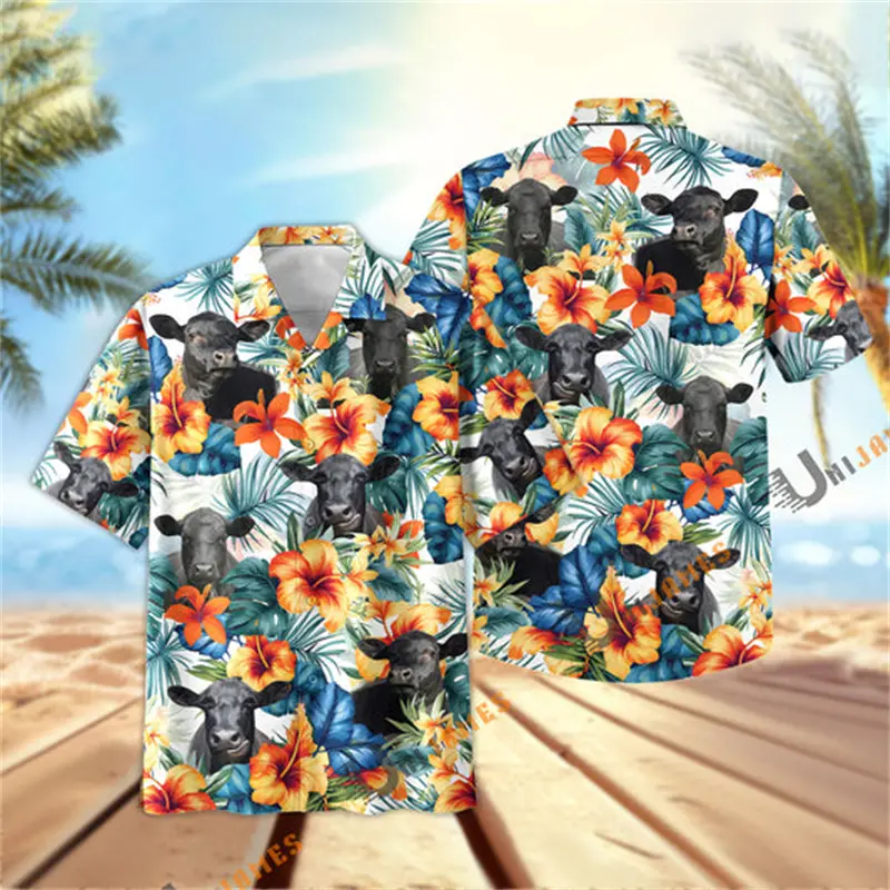 Farm Animals Flower Cow 3D Graphic Shirts Y2k Men Hawaii Beach Shirts  Button Lapel Tops High Quality Ropa Hombre Tendencia 2024