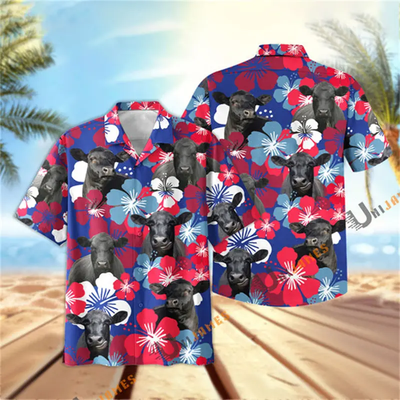 Farm Animals Flower Cow 3D Graphic Shirts Y2k Men Hawaii Beach Shirts  Button Lapel Tops High Quality Ropa Hombre Tendencia 2024