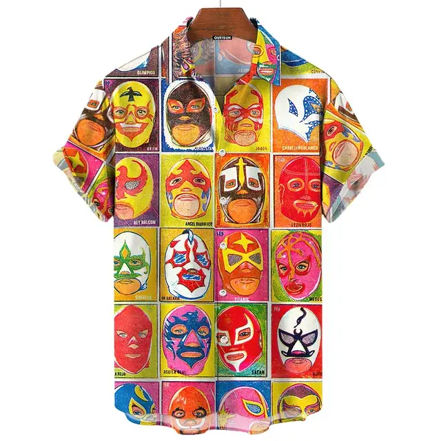 Mexican Wrestling Printing Shirts For Men's Clothing Short Sleeve Cardigan Vintage Male Summer Tops Laple Blouse Casual Clothes