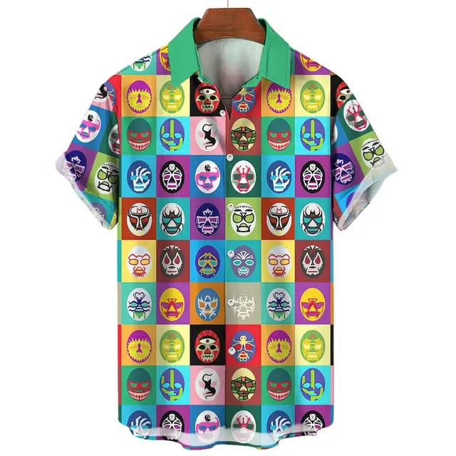 Mexican Wrestling Printing Shirts For Men's Clothing Short Sleeve Cardigan Vintage Male Summer Tops Laple Blouse Casual Clothes