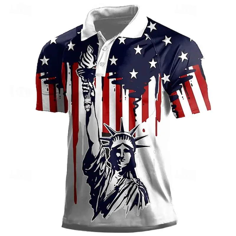 Statue Of Liberty American Flag Polo T-shirts For Men's Tops Short Sleeve Lapel Male Tee Graphic 3d Printing Casual Tops Summer