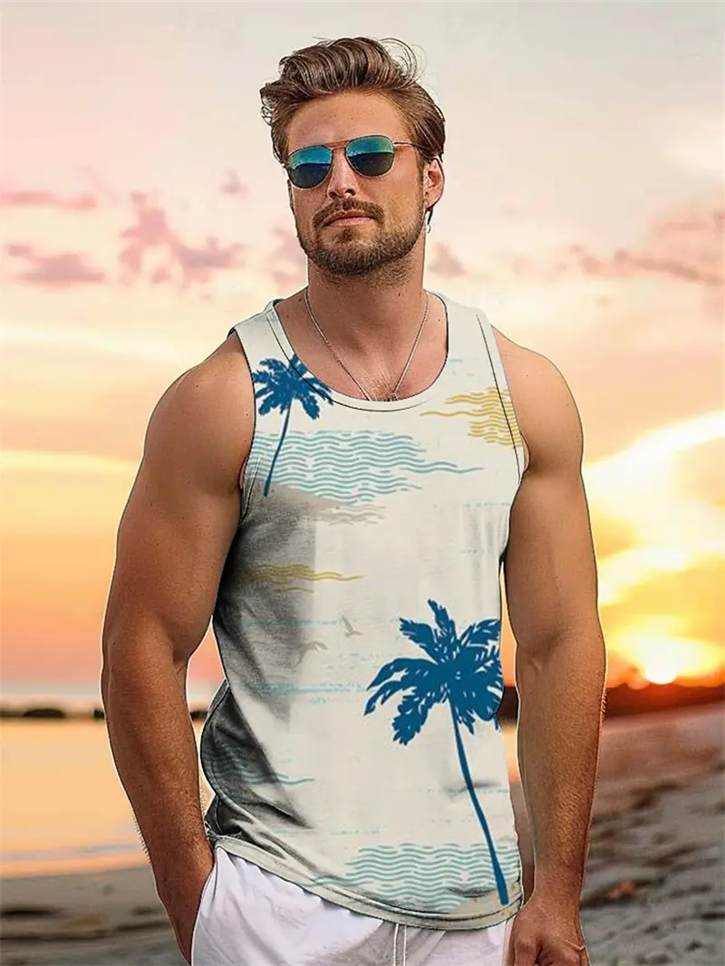 Summer Hawaiian Beach Vacation Vest Men's 3D Printed Tropical Palm Leafloose Comfortable Tank Top Casual Fashion Street Clothing