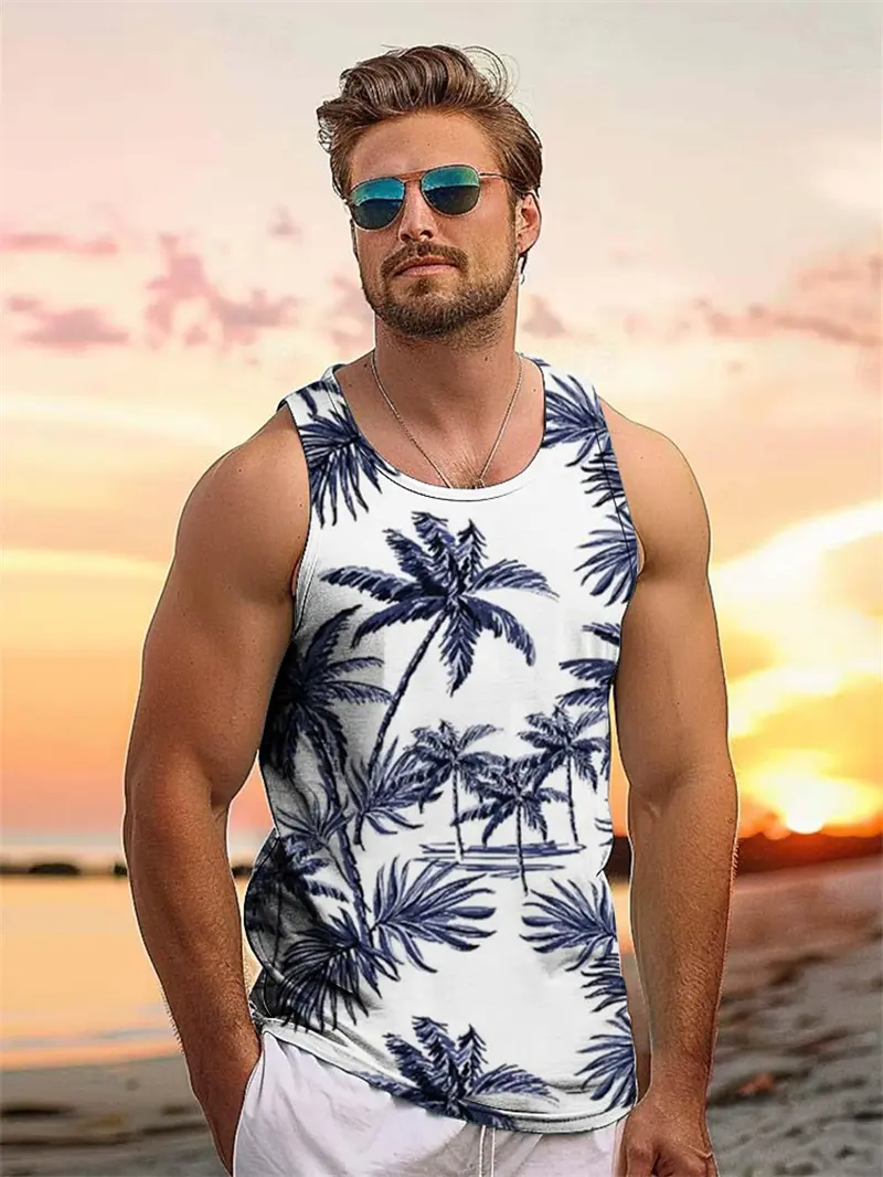 Summer Hawaiian Beach Vacation Vest Men's 3D Printed Tropical Palm Leafloose Comfortable Tank Top Casual Fashion Street Clothing