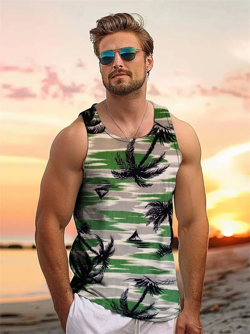 Summer Hawaiian Beach Vacation Vest Men's 3D Printed Tropical Palm Leafloose Comfortable Tank Top Casual Fashion Street Clothing