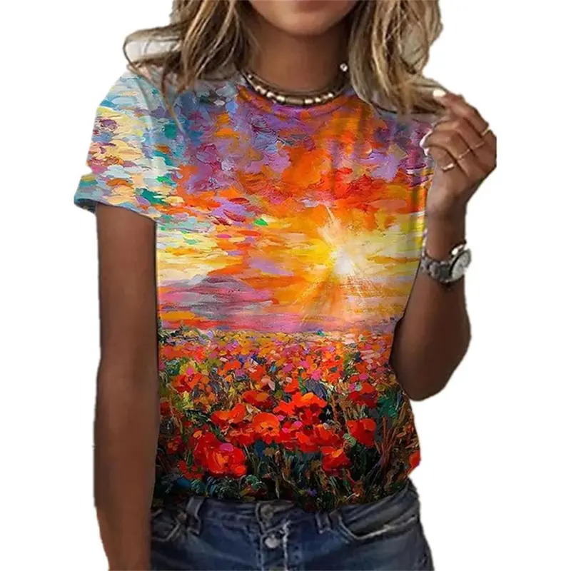 Vintage Sunflower 3D Print Elegant Women Clothing Female Summer Fashion Short Sleeve Top Tees Ladies Casual Comfortable T Shirt