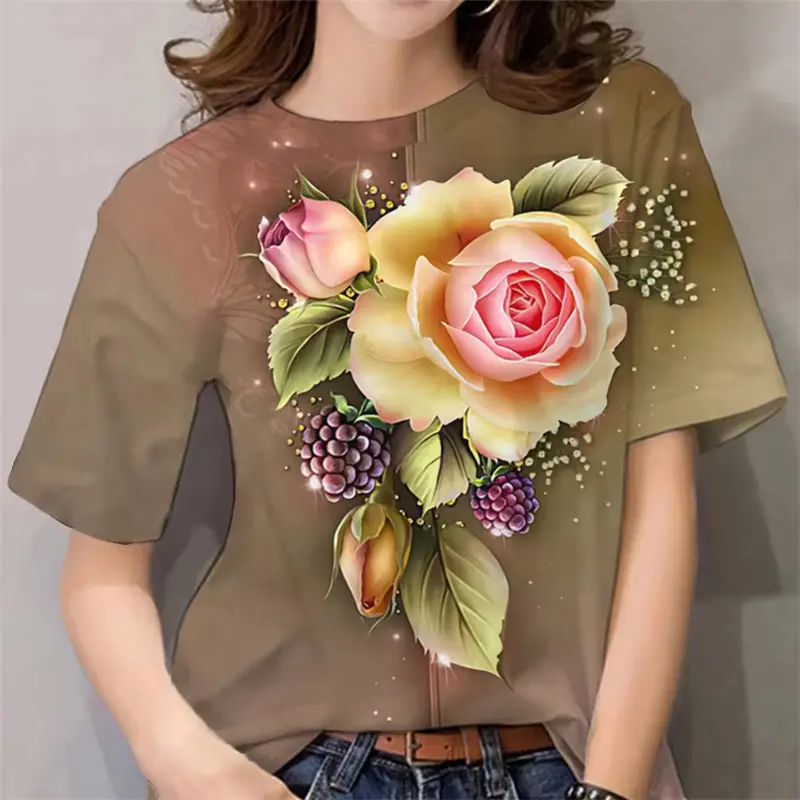 New Luxury Design Women's T Shirt Ladies 3D Floral Print Harajuku Y2k Clothes Female Daily Casual Fashion Short Sleeve Tee Tops 