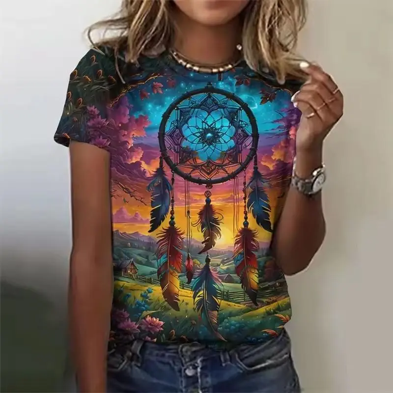 3D Printed Flower Net Pattern T-Shirt For Women Exquisite Tees Summer Casual T Shirts Oversized Short Sleeves Round Neck Tops
