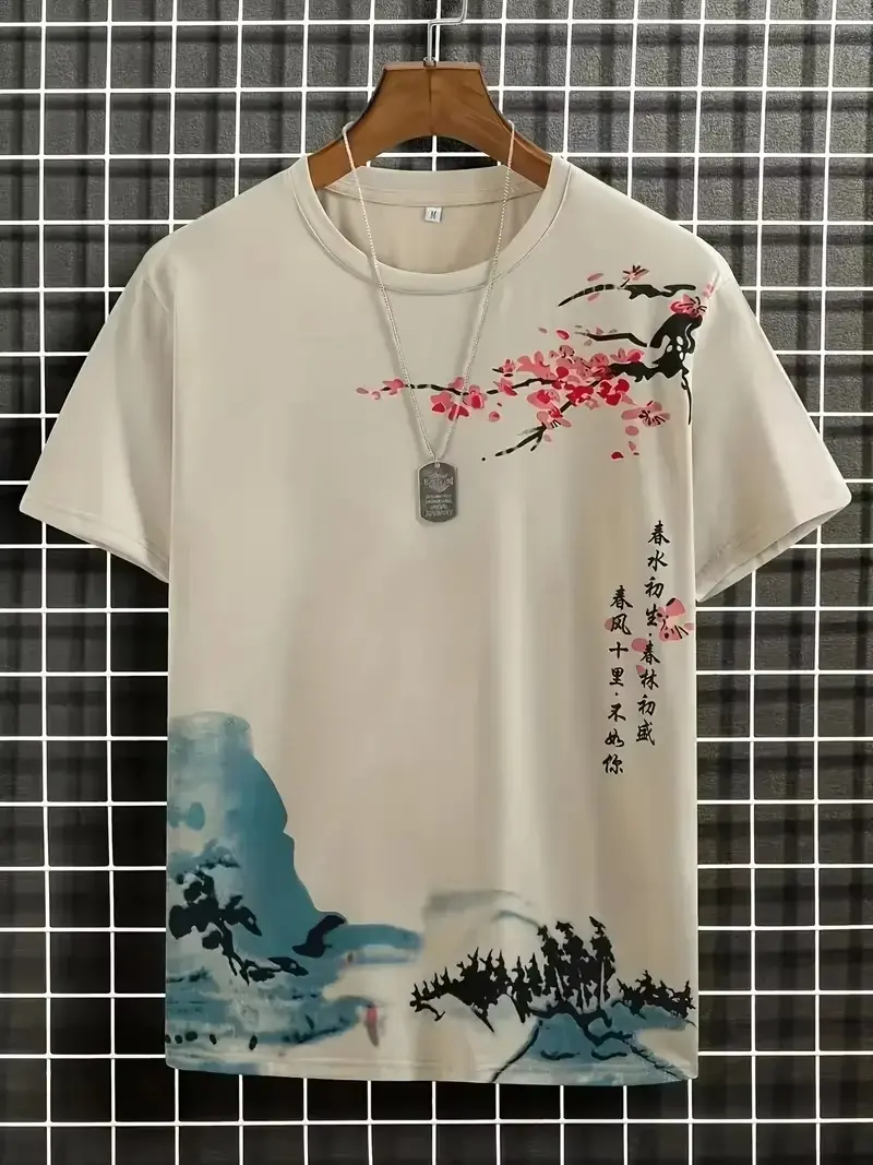 Chinese Style Plum Blossom 3D Print Men's T-Shirts Summer Casual Short Sleeve T Shirt Oversized Tees Vintage Unisex Clothing