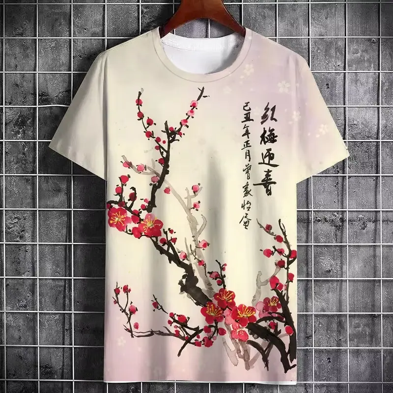 Chinese Style Plum Blossom 3D Print Men's T-Shirts Summer Casual Short Sleeve T Shirt Oversized Tees Vintage Unisex Clothing