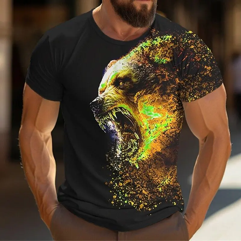 Men's T Shirt 3D Print Bear Flame Graphic Casual O-Neck Short Sleeved T Shirt Streetwear Sportshirt Outdoor Tee Y2k Men Clothing