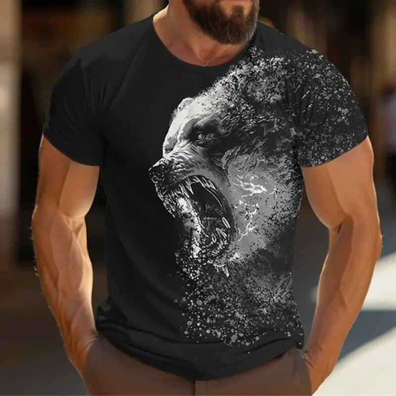 Men's T Shirt 3D Print Bear Flame Graphic Casual O-Neck Short Sleeved T Shirt Streetwear Sportshirt Outdoor Tee Y2k Men Clothing