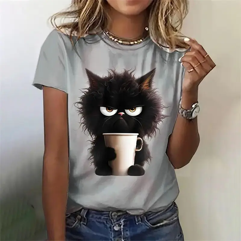 Cute Cartoon Cat Graphic 3D Print Women Clothes Short Sleeve T-Shirt Casual O-Neck Tops For Girls Summer Y2k Unisex T Shirt