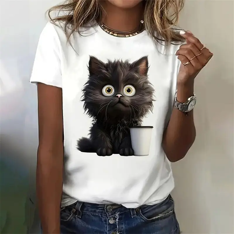 Cute Cartoon Cat Graphic 3D Print Women Clothes Short Sleeve T-Shirt Casual O-Neck Tops For Girls Summer Y2k Unisex T Shirt