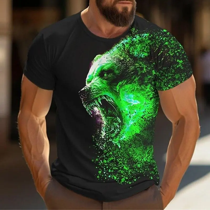 Men's T Shirt 3D Print Bear Flame Graphic Casual O-Neck Short Sleeved T Shirt Streetwear Sportshirt Outdoor Tee Y2k Men Clothing