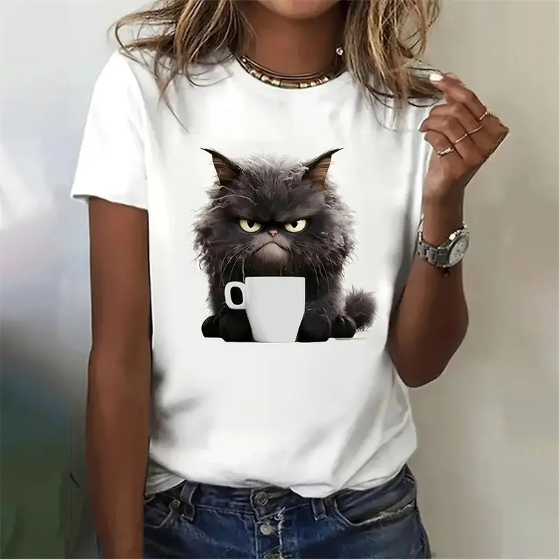 Cute Cartoon Cat Graphic 3D Print Women Clothes Short Sleeve T-Shirt Casual O-Neck Tops For Girls Summer Y2k Unisex T Shirt