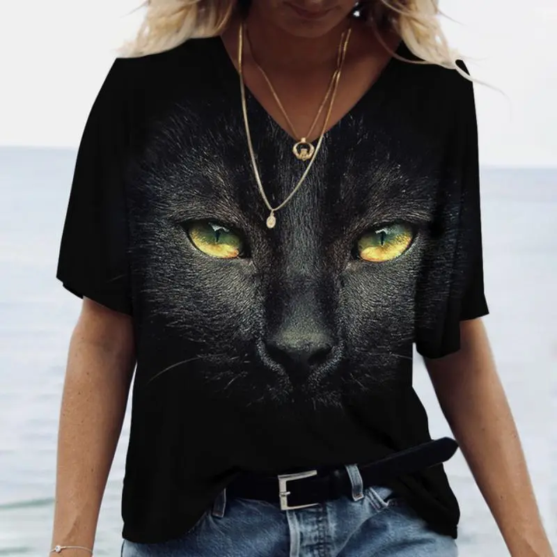 Black Cat Graphic T Shirt For Women 3D Painting Print Harajuku Short Sleeve Tops Summer V-Neck Pullover Female Loose Clothing