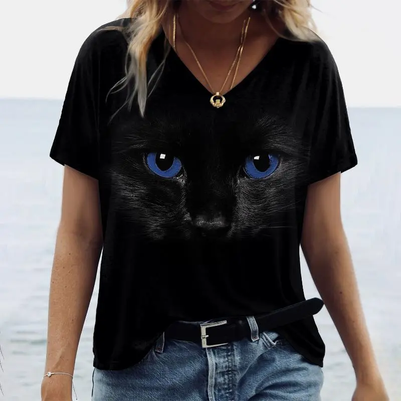 Black Cat Graphic T Shirt For Women 3D Painting Print Harajuku Short Sleeve Tops Summer V-Neck Pullover Female Loose Clothing