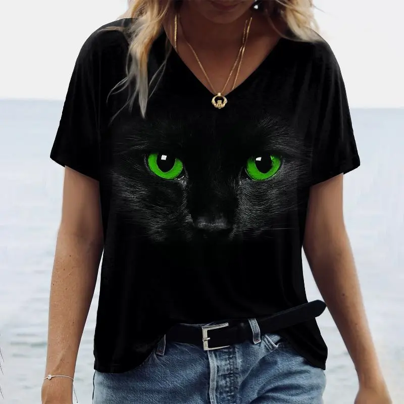 Black Cat Graphic T Shirt For Women 3D Painting Print Harajuku Short Sleeve Tops Summer V-Neck Pullover Female Loose Clothing