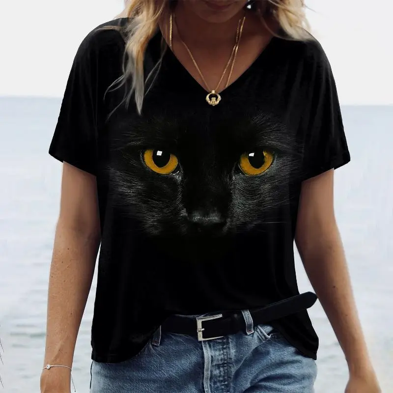 Black Cat Graphic T Shirt For Women 3D Painting Print Harajuku Short Sleeve Tops Summer V-Neck Pullover Female Loose Clothing