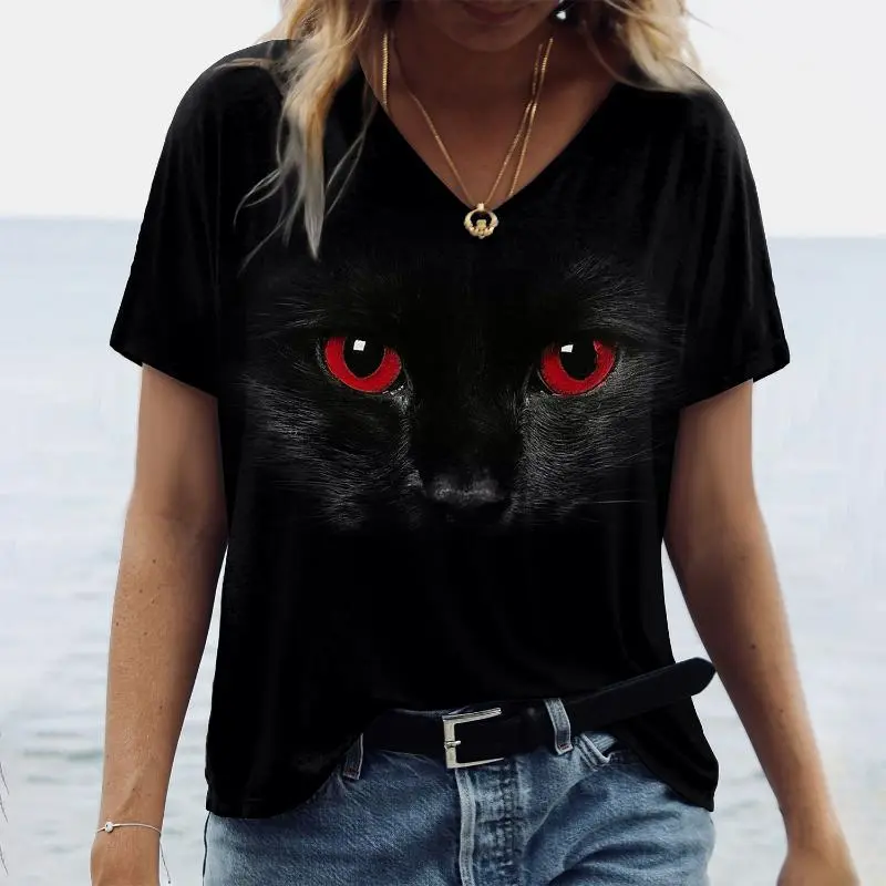 Black Cat Graphic T Shirt For Women 3D Painting Print Harajuku Short Sleeve Tops Summer V-Neck Pullover Female Loose Clothing