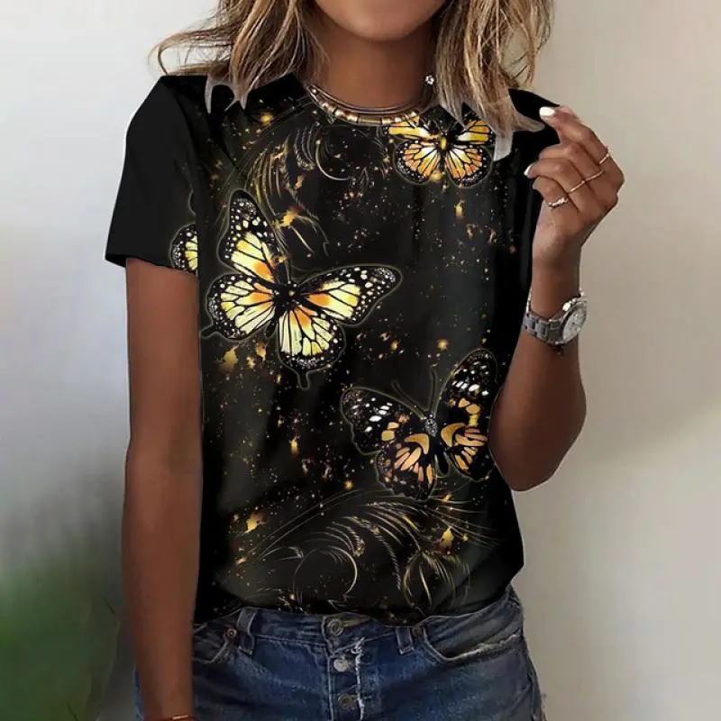 Summer Butterfly Graphic 3D Print Casual Women's T-Shirt Short Sleeve Fashion Clothing Round Neck Summer Harajuku Women's Tops