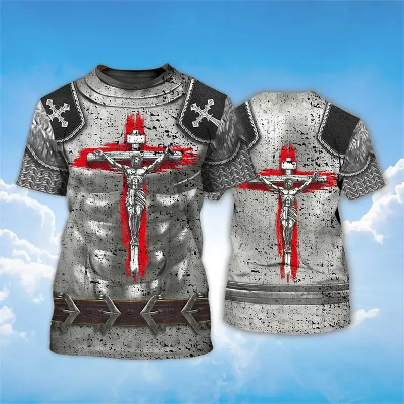 Fashion Templar 3D Armour Graphic Printed Men's T Shirt Fashion Jesus Cross Oversized Top Unisex Sports Gym Quick Drying T-shirt