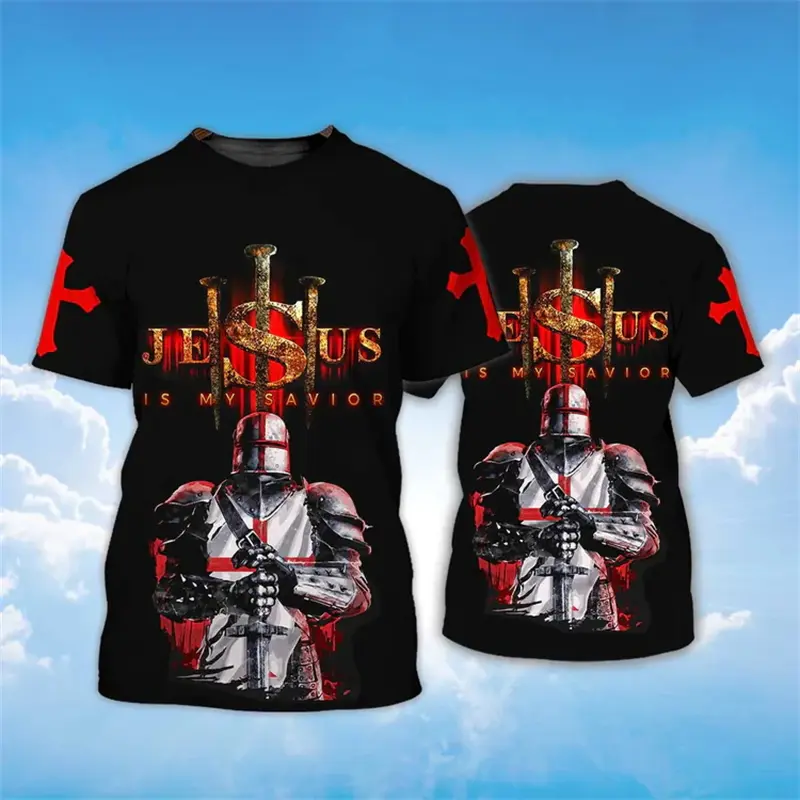 Fashion Templar 3D Armour Graphic Printed Men's T Shirt Fashion Jesus Cross Oversized Top Unisex Sports Gym Quick Drying T-shirt