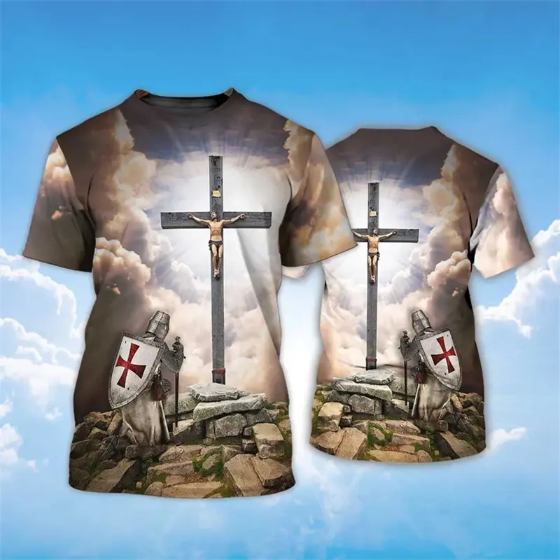 Fashion Templar 3D Armour Graphic Printed Men's T Shirt Fashion Jesus Cross Oversized Top Unisex Sports Gym Quick Drying T-shirt