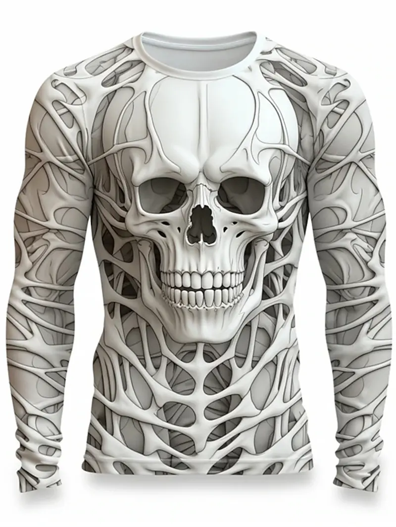 3D Print Skeleton Men Long Sleeve T-shirt Vintage Skulls Pattern O-neck Tops Casual Fashion Breathable Tshirt Streetwear Tees