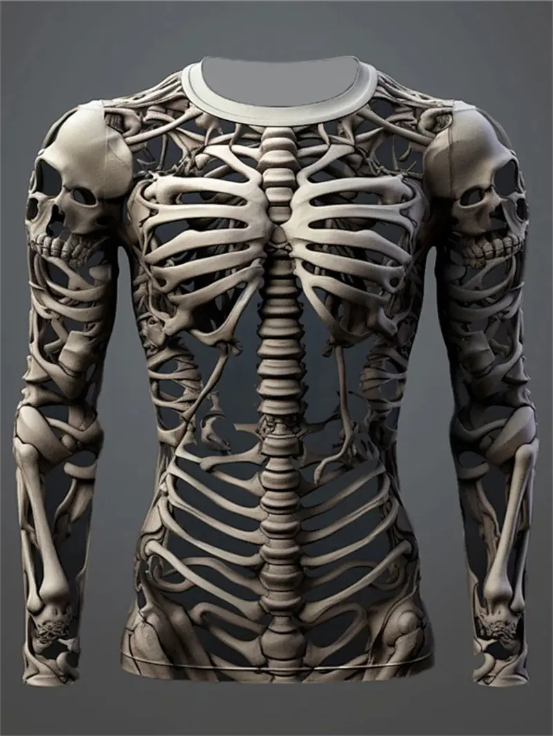 3D Print Skeleton Men Long Sleeve T-shirt Vintage Skulls Pattern O-neck Tops Casual Fashion Breathable Tshirt Streetwear Tees