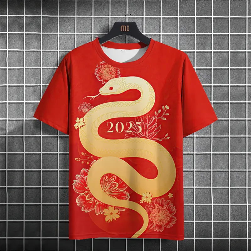 Year Of The Snake 2025 Chinese New Year Red T-Shirt 3D Printed Men Women New O-Neck Short Sleeves Tops Fashion Gifts For Men Tee