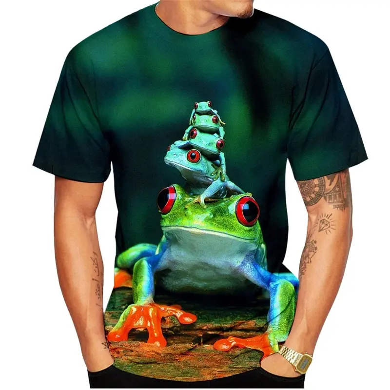 Cute Frog 3D Print T Shirt Men Clothing Summer Animal Print O-Neck Short Sleeve Top Casual Tee Kid Oversized Fashion Streetwear