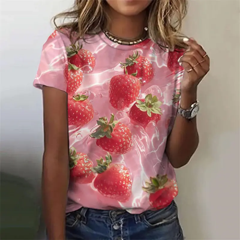 Summer  Fruit Pattern T-Shirt For Women Strawberry Watermelon 3D Printed Short Sleeves Summer Tees Oversized T Shirts O-Neck