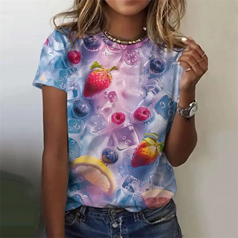 Summer  Fruit Pattern T-Shirt For Women Strawberry Watermelon 3D Printed Short Sleeves Summer Tees Oversized T Shirts O-Neck