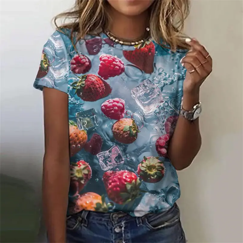 Summer  Fruit Pattern T-Shirt For Women Strawberry Watermelon 3D Printed Short Sleeves Summer Tees Oversized T Shirts O-Neck