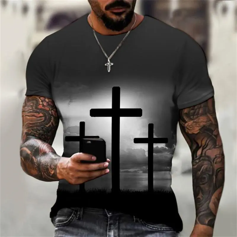 3D Print Christian T Shirts Oversized Tee Shirt Gothic Jesus Christ Cross O-Neck Tops Vintage Hip Hop Short Sleeve Men Clothing