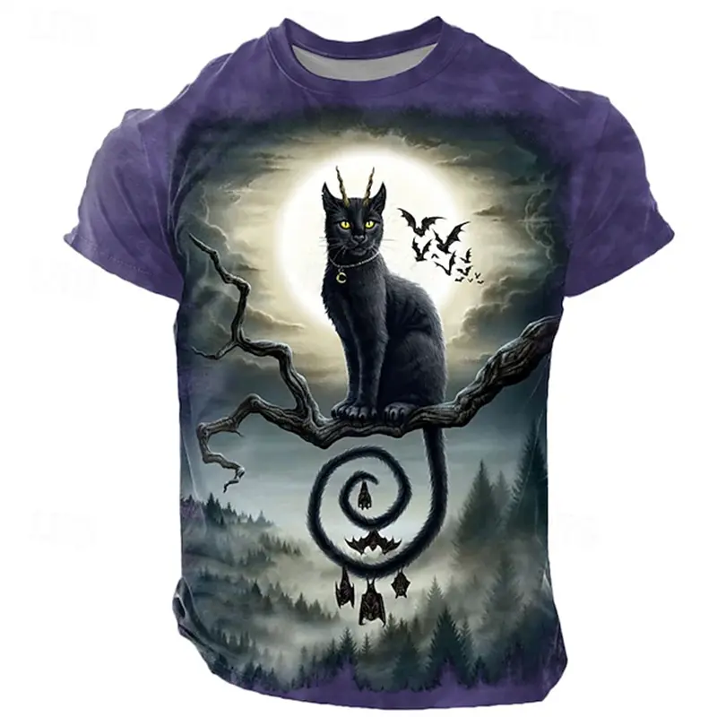 3D Print Black Cat Pattern Men's T-Shirt Fashion Vintage Holloween Cool Short Sleeve Tees Loose Daily Casual Summer Outdoor Tops