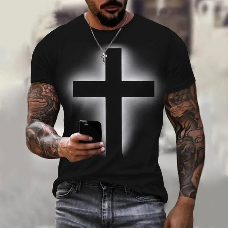 3D Print Christian T Shirts Oversized Tee Shirt Gothic Jesus Christ Cross O-Neck Tops Vintage Hip Hop Short Sleeve Men Clothing